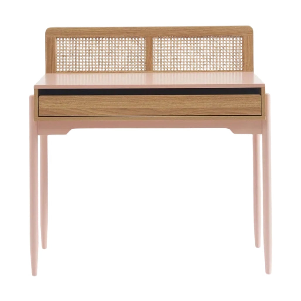 **Bureau minimaliste avec tiroir en bois et détail en cannage**